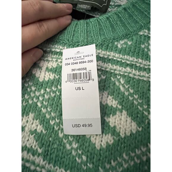 NWT American Eagle Women's Fair Isle Snowdrift Sweater Long Sleeve Green White L - Picture 11 of 12